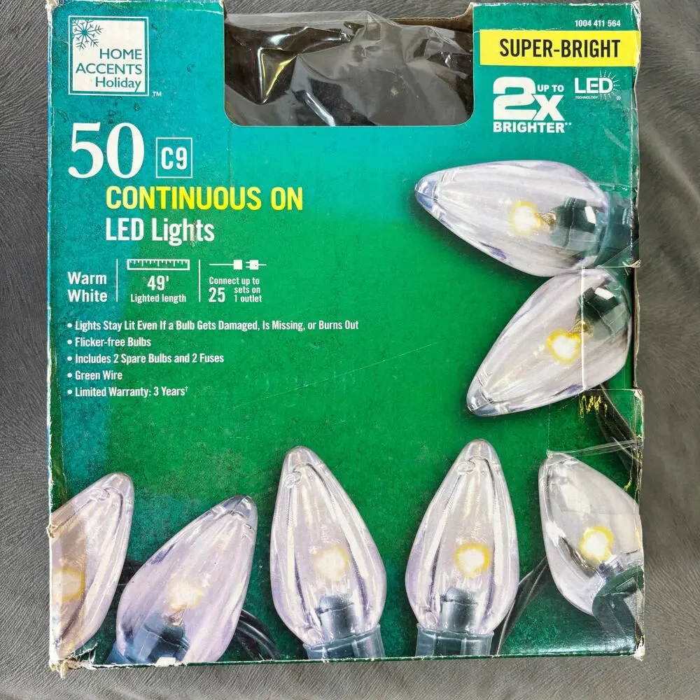 Super Bright LED Warm White 50 C-9 Christmas String Lights 49 Ft. Continuous On